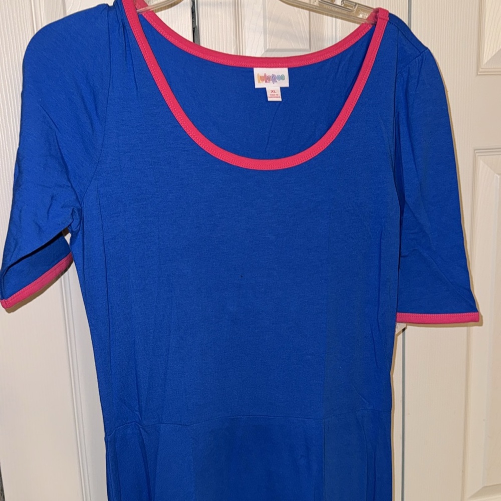Lularoe Ana dress blue with pink trim neck and arms NWT - Picture 2 of 5
